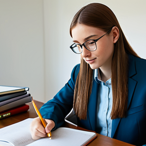 Home 14 A professional student, fully clothed in modest, comfortable study attire, is seated at a clean, well-organized desk in a modern, well-lit home office. The desk features neatly stacked textbooks, a digital tablet displaying a study schedule, and a motivational quote. The student is diligently writing notes, demonstrating deep focus and a disciplined approach to time management. The environment is serene and conducive to learning. perfect anatomy, correct proportions, natural pose, well-formed hands, proper finger count, natural body proportions, professional photography, high quality, safe for work, appropriate content, fully clothed, modest, family-friendly.