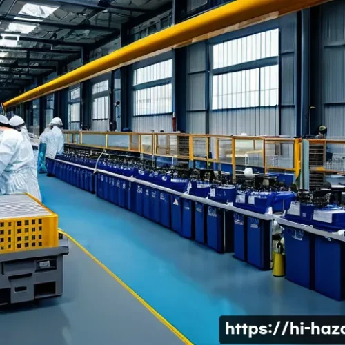 Home 31 위험물관리사 자격증으로 창업 가능한 분야 - A detailed industrial manufacturing scene showcasing workers in safety gear handling hazardous chemi...
