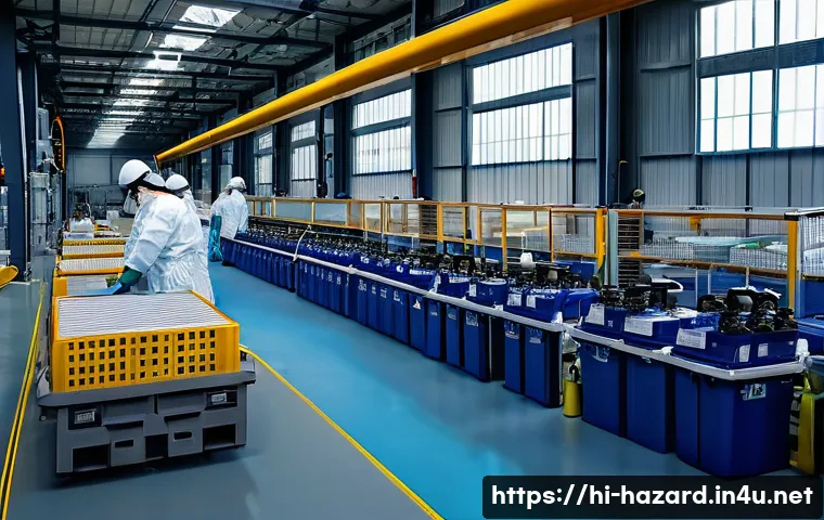 위험물관리사 자격증으로 창업 가능한 분야 - A detailed industrial manufacturing scene showcasing workers in safety gear handling hazardous chemi...