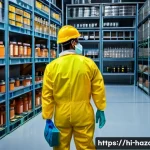 Home 23 위험물관리사 자격증으로 가능한 진로와 취업 분야 - A detailed industrial safety scene inside a chemical manufacturing plant featuring a hazard manageme...