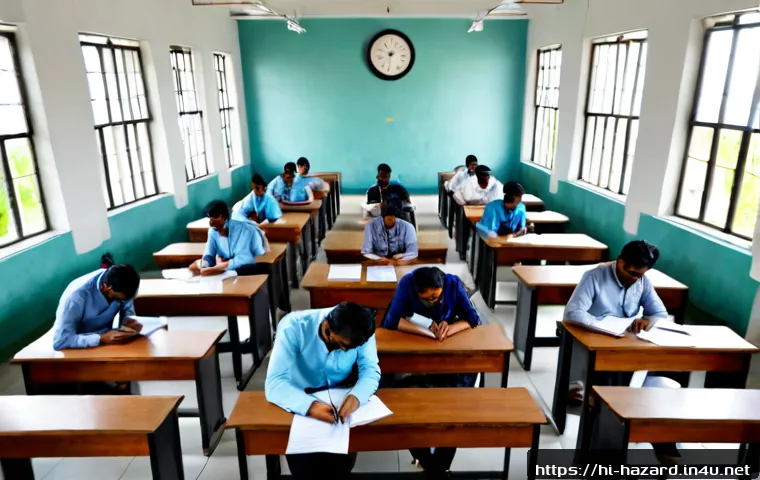 위험물관리사 시험장 분위기와 유의사항 - Photorealistic wide-angle view of a formal professional certification examination hall in India, adu...