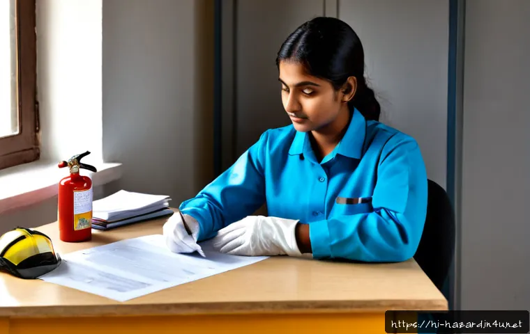 위험물관리사 시험 중점 과목 분석 - Photorealistic study scene for hazardous materials management exam preparation, Indian adult student...