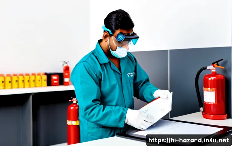 Home 17 위험물관리사 실기 시험 체크리스트 - Photorealistic Indian safety professional preparing for a hazardous materials practical examination,...